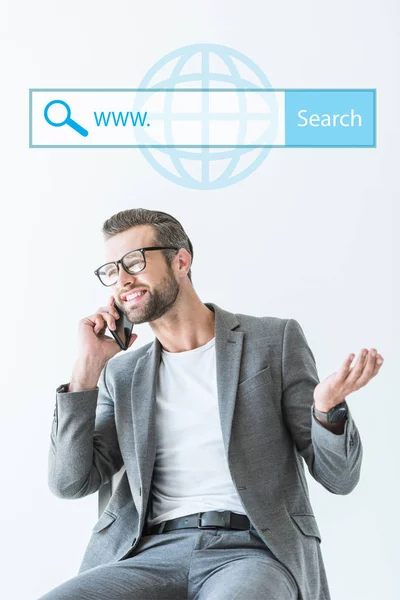 Seo Developer Talking Smartphone Isolated White Website Search Bar — Stock Photo, Image