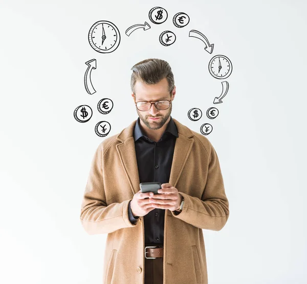 Handsome Businessman Brown Coat Using Smartphone Isolated White Time Money — Stock Photo, Image