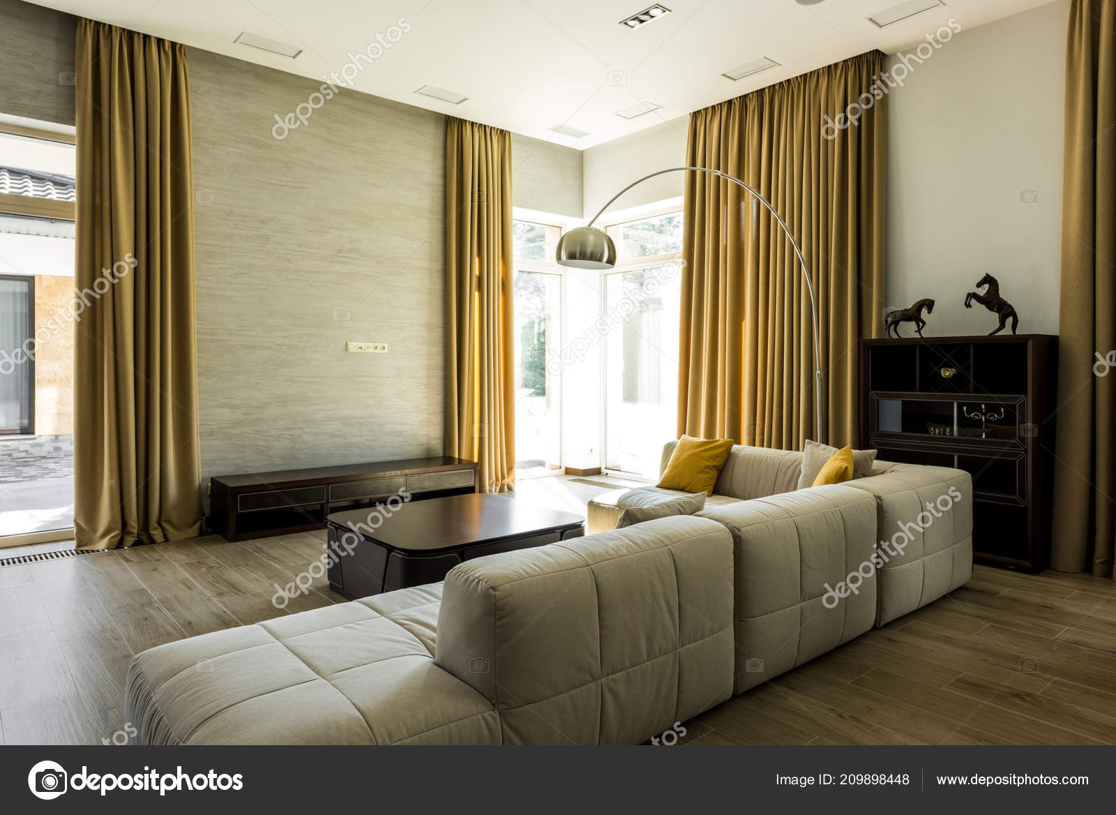 Pictures Large Windows With Curtains Interior Empty Modern Living Room Sofa Big Windows Curtains Stock Photo Y Boychenko 209898448