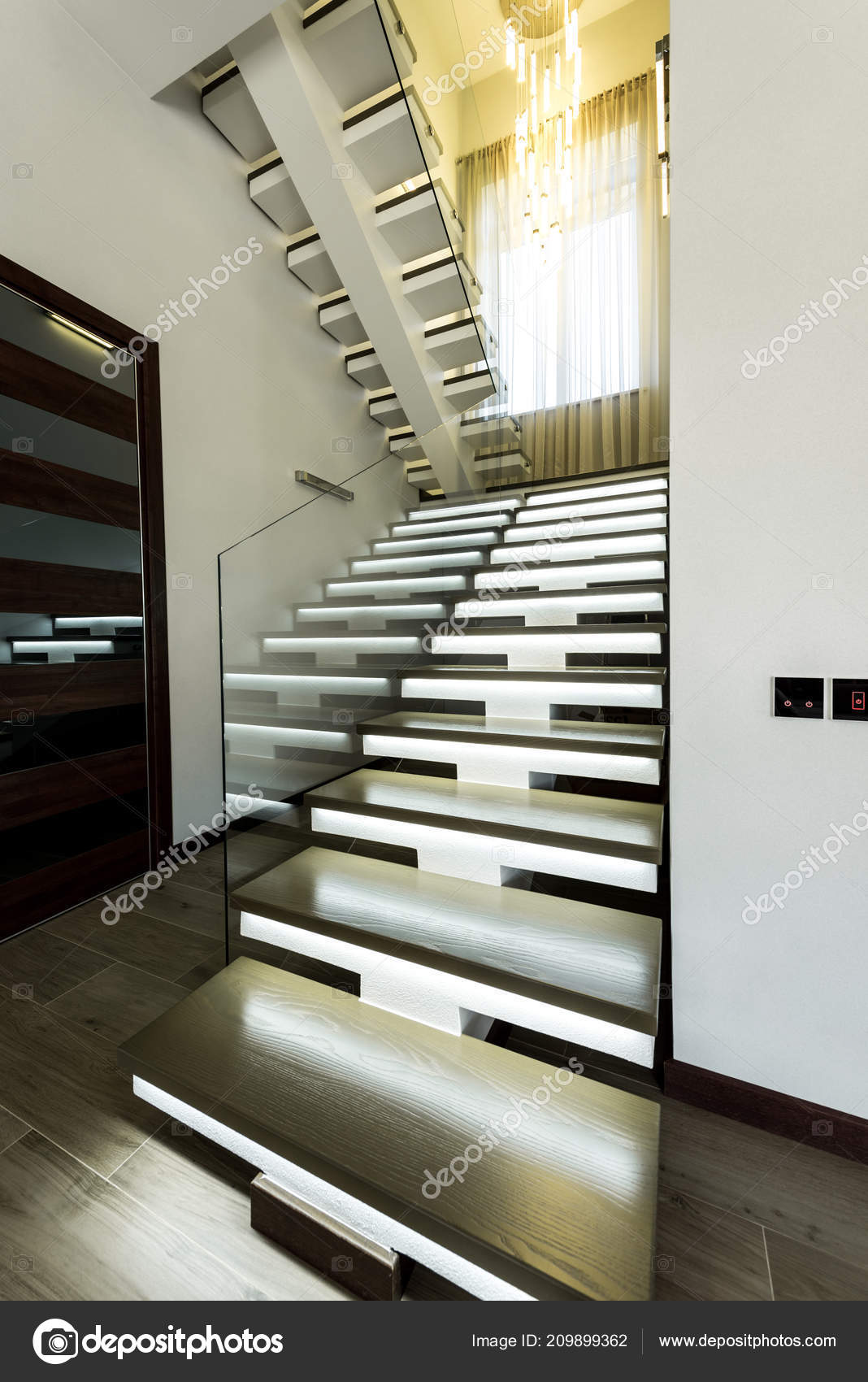 Interior View Empty Modern Stairs Glass Railings Door