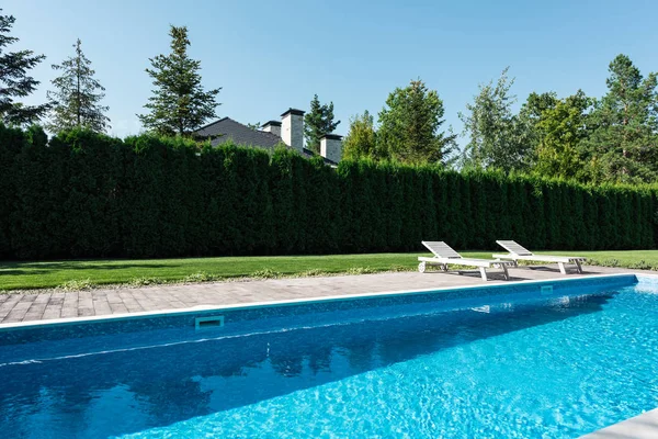 Vista Piscina Com Espreguiçadeiras Cerca Verde — Fotografia de Stock