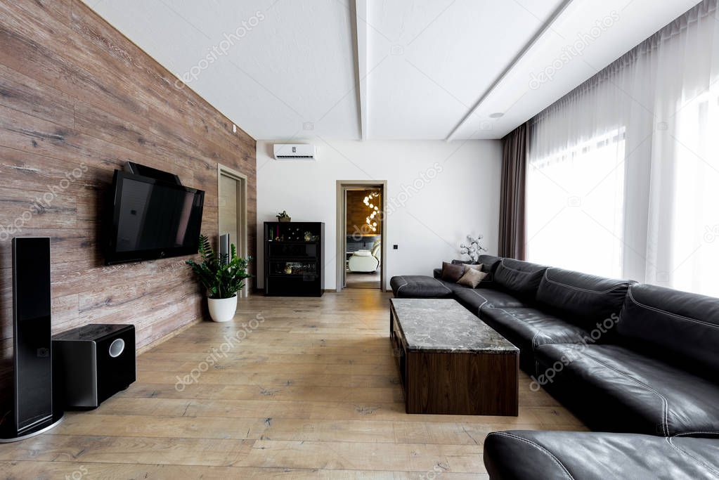 interior view of empty modern living room with sofa and TV set