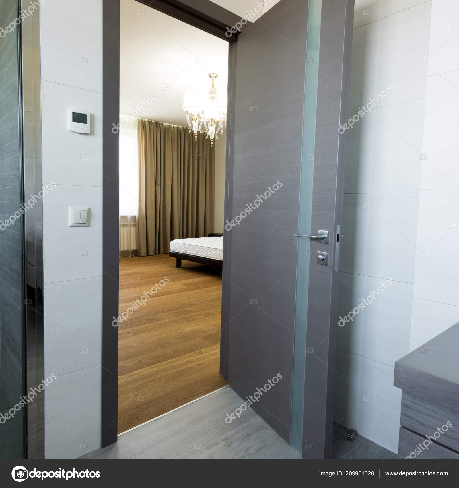 Stylish Bedroom Bed View Bathroom Door Stock Photo by ©Y-Boychenko ...