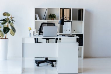 tablo, dizüstü bilgisayar ve klasörlerle raflar ile modern ofis iç