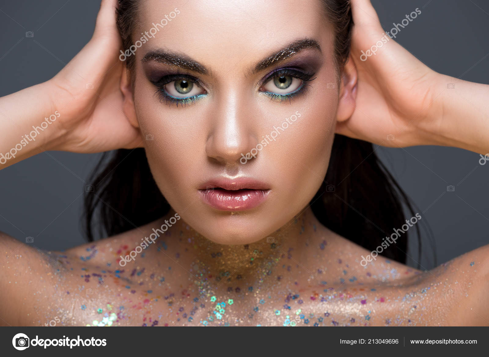 Glamorous Woman Makeup Glitter Body Isolated Grey — Stock Photo © Y