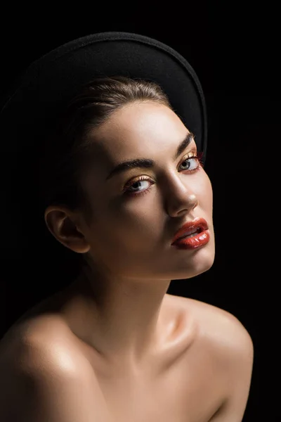 Attractive Woman Posing Felt Hat Isolated Black — Stock Photo, Image