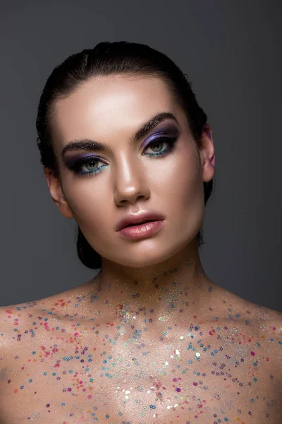 Glamorous Girl Glitter Sparkles Body Isolated Grey — Stock Photo, Image