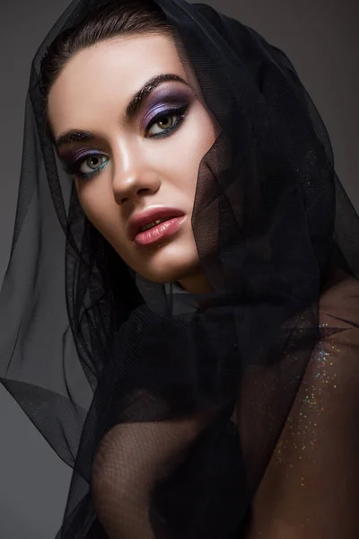 Beautiful Stylish Woman Posing Black Veil Isolated Grey — Stock Photo, Image