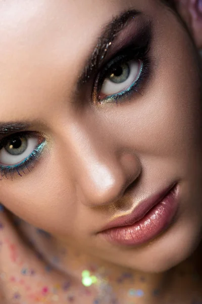 Close Young Woman Glitter Makeup Looking Camera — Stock Photo, Image