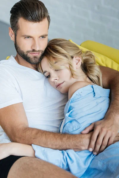 Handsome Bearded Young Man Hugging Attractive Girlfriend Home — Stock Photo, Image