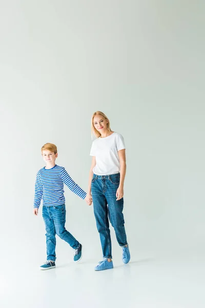 Mother Son Holding Hands White Looking Camera — Stock Photo, Image