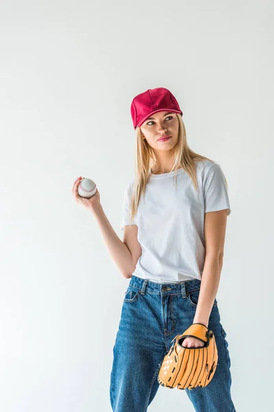 Attractive Baseball Player Red Cap Holding Baseball Ball Looking Away — Stock Photo, Image