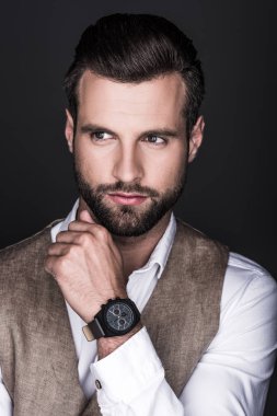 portrait of elegant bearded man with wristwatch, isolated on grey clipart