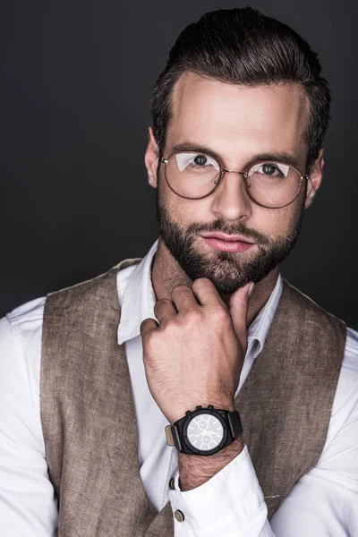 Portrait Thoughtful Bearded Man Posing Trendy Eyeglasses Isolated Grey — Stock Photo, Image