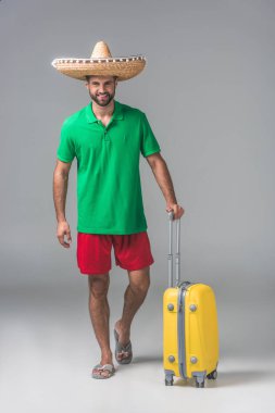 Seyahat Meksika sombrero ayakta bavul Grey ile gülümseyen