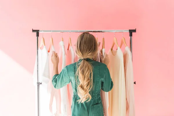 Rear View Blonde Kid Trendy Overalls Choosing Clothes Hangers — Stock Photo, Image