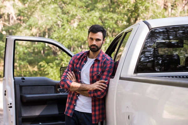 Confident Driver Crossed Arms Standing Pickup Truck Forest — Stock Photo, Image