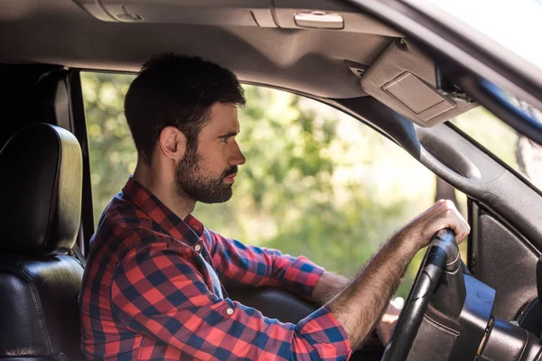 Side View Bearded Driver Pickup Truck Forest — Stock Photo, Image