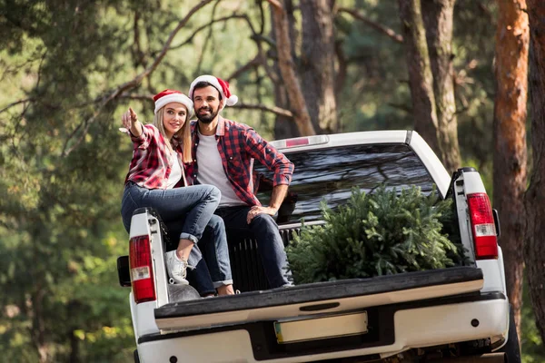 young couple in santa hats sitting on pickup truck with fir tree for christmas while woman showing something in forest
