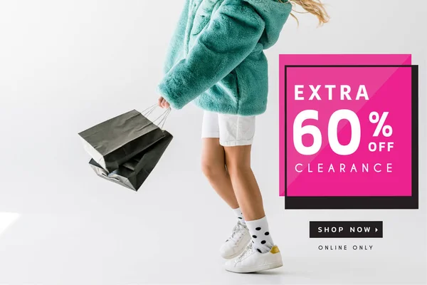 Cropped View Girl Turquoise Fur Coat Holding Black Shopping Bags — Stock Photo, Image