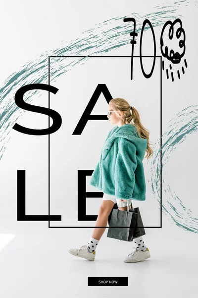 Blonde Female Child Turquoise Fur Coat Posing Black Shopping Bags — Stock Photo, Image