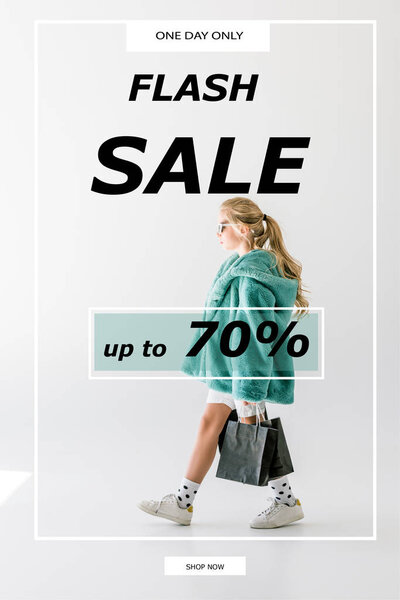 blonde female child in turquoise fur coat posing with black shopping bags on white, sale banner concept