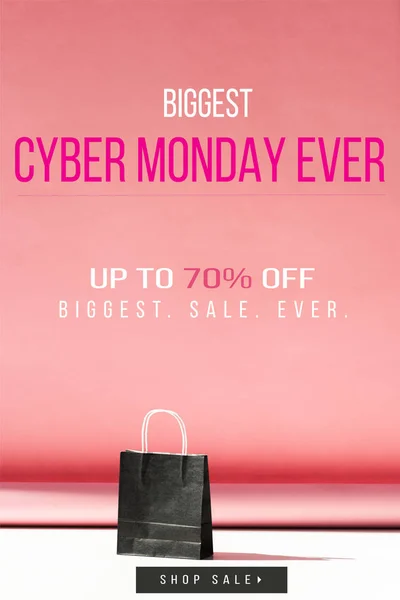 One Black Shopping Bag Pink Copy Space Cyber Monday Sale — Stock Photo, Image