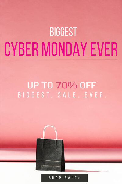 one black shopping bag on pink with copy space, cyber monday sale banner concept