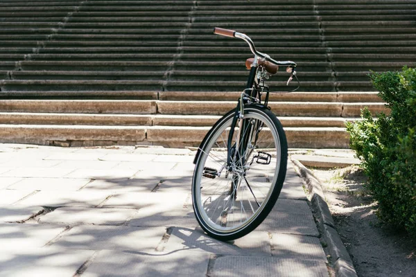 Bicicletta vicino alle scale e cespuglio verde in strada nella giornata di sole — Foto stock