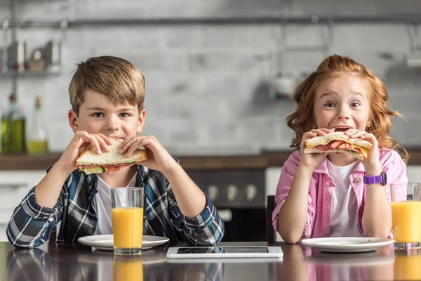 Adorable hermanito y hermana comiendo sándwiches y mirando a la cámara - foto de stock