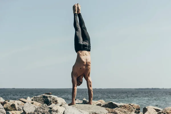 Sporty shirtless man doing handstand (adho mukha vrksasana) on rocky seashore — Stock Photo