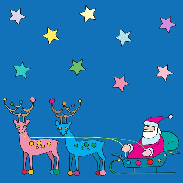 手绘的多彩多姿的插图圣诞老人在雪橇与驯鹿在星空下 — 图库照片