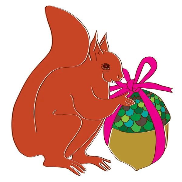 Hand Getekende Illustratie Van Een Eekhoorn Met Een Acorn Kerstcadeau — Stockfoto
