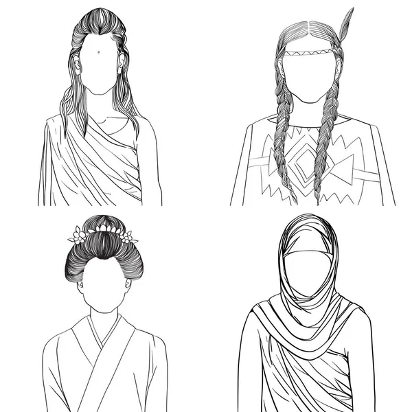 Ilustraciones Artísticas Dibujadas Mano Avatares Anónimos Mujeres Jóvenes Cuatro Etnias — Foto de Stock