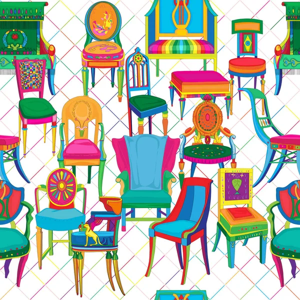 Hand drawn doodle illustration of a seamless pattern with classical revival chairs over a colored structure of diamonds background