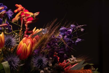 Siyah arka planda izole edilmiş çiçekler. Çiçek aranjmanı, bir buket çiçek.. 