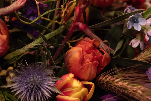 Blumen Isoliert Auf Schwarzem Hintergrund Blumenschmuck Strauß Von Gartenblumen — Stockfoto