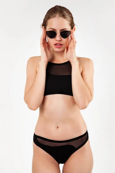 Beautiful Woman Black Bikini White Background — Stock Photo, Image
