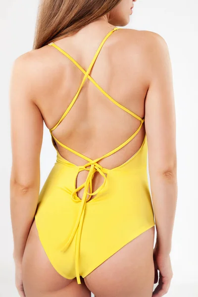 Beautiful Woman Yellow Swimwear White Background — Stock Photo, Image