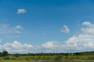 Beyaz bulutlar ve yeşil alanla dolu parlak gökyüzü