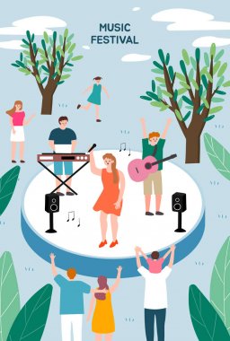 Müzik festivali. Açık hava festivali için poster şablonu. Düz karikatür renkli vektör illüstrasyon.