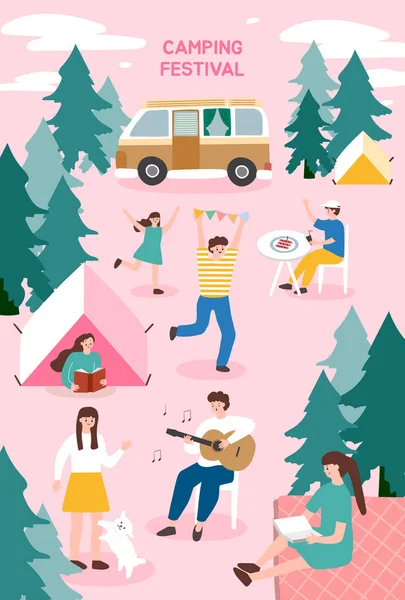 Kamp Festivali Açık Hava Festivali Için Poster Şablonu Düz Karikatür — Stok Vektör