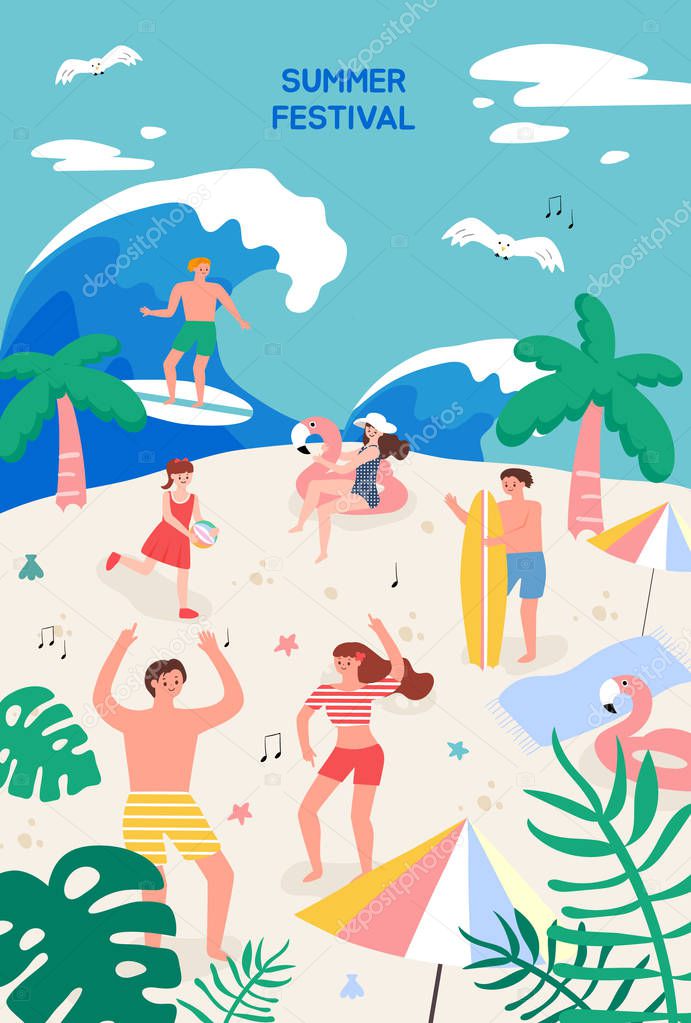 Summer festival. Poster template for outdoor festival. Flat cartoon colorful vector illustration.