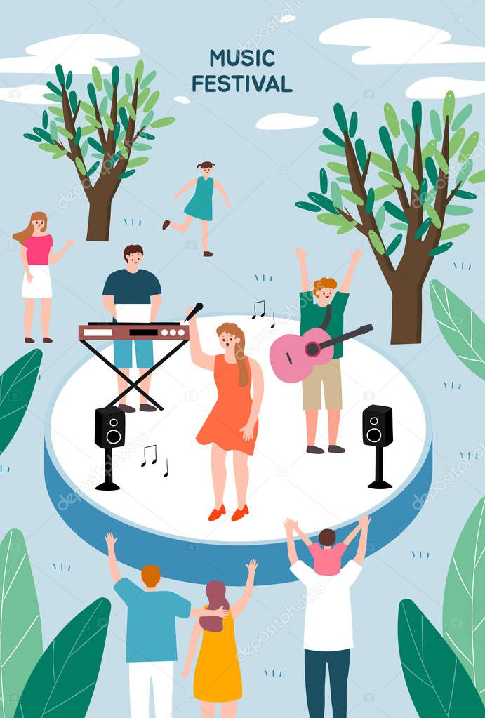 Music festival. Poster template for outdoor festival. Flat cartoon colorful vector illustration.
