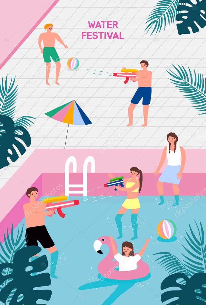 Water festival. Poster template for outdoor festival. Flat cartoon colorful vector illustration.