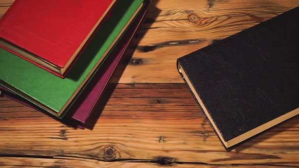 Books Old Wooden Table Beautiful Dark Background — Stock Video