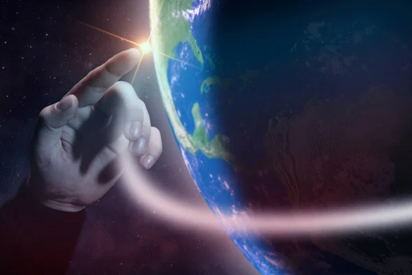 Rörande Planet Med Finger Nebulosa Damm Oändliga Rymden Mixed Media — Stockfoto
