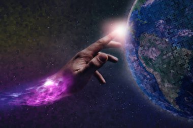 İşaret parmağı sonsuz boşluk bir dünya piksel dokunur. Karma ortam. Kavram matris evren.