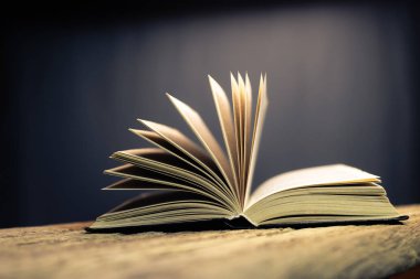 Okul yönetim kurulu bir meşe ahşap masa arka plan üzerinde açık eski kitap