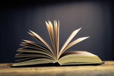 Okul yönetim kurulu bir meşe ahşap masa arka plan üzerinde açık eski kitap